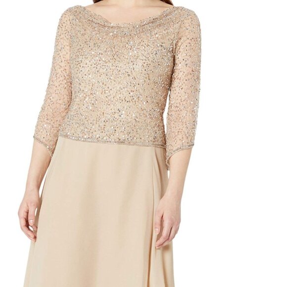 J Kara Women's Petite Long Beaded Dress with Cowl Neck, Camel/White/Silver, 12P - Picture 1 of 1